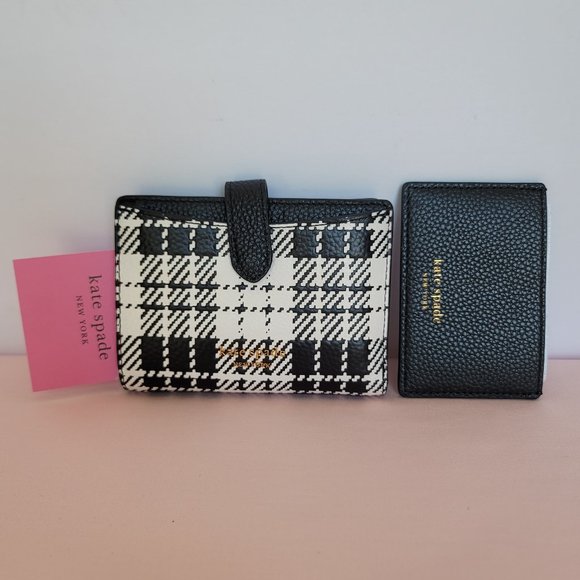 KATE SPADE Hudson SMALL Posh Plaid Embossed Pebbled Leather Bifold Wallet-Black⭐ - Picture 6 of 15